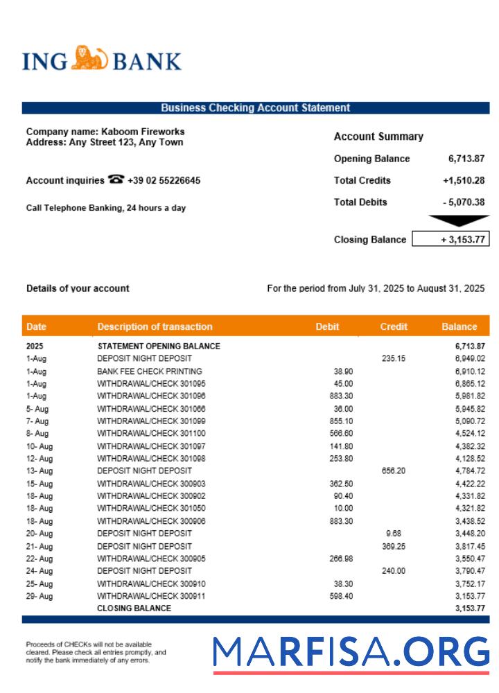 Blank Italian ING bank enterprise account statement Word and PDF template